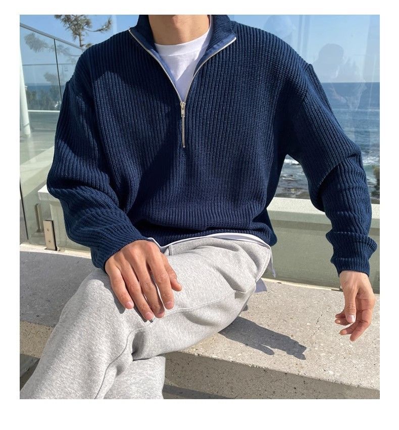 Autumn half zipper knitted sweater men's Korean-style trendy handsome all-match stand collar sweater top loose coat_voghion.com