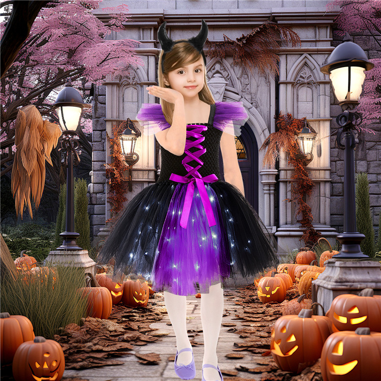 Falda LED navideña con amuleto para dormir, bruja brillante, princesa, Halloween, vestido de tutú de hilo para niños_voghion.com