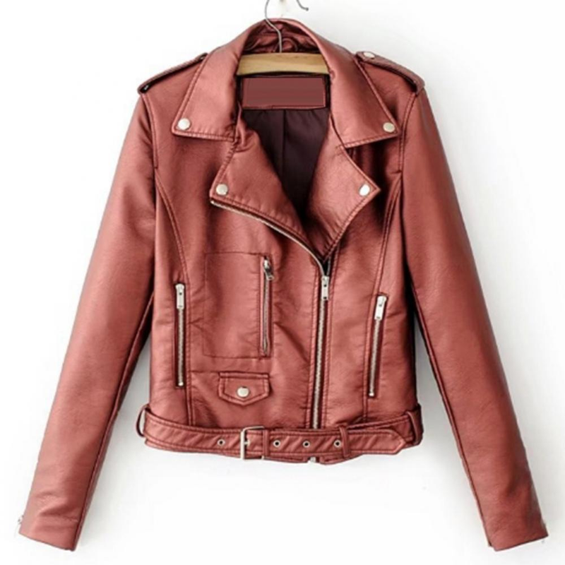 Lady Leather Long Sleeve Lapel Zipper Button Pocket Motorcycle Jacket Short Coat_voghion.com