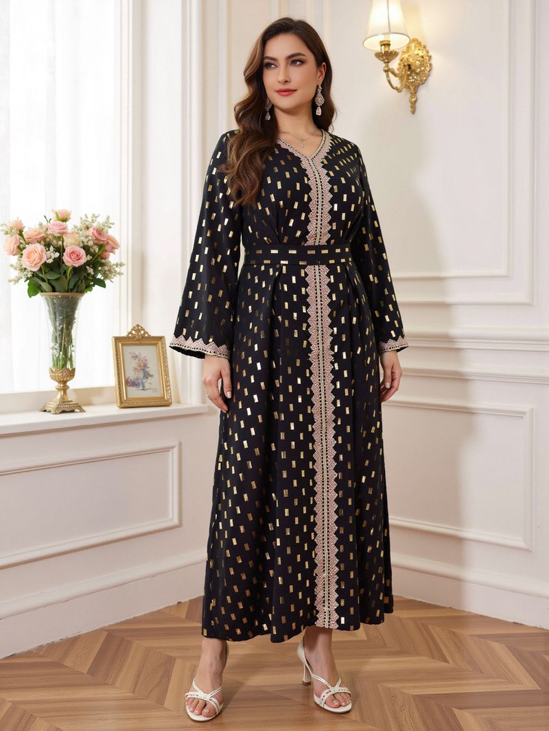 Abbigliamento da donna, taglie forti, abito musulmano Abaya con stampa oro_voghion.com