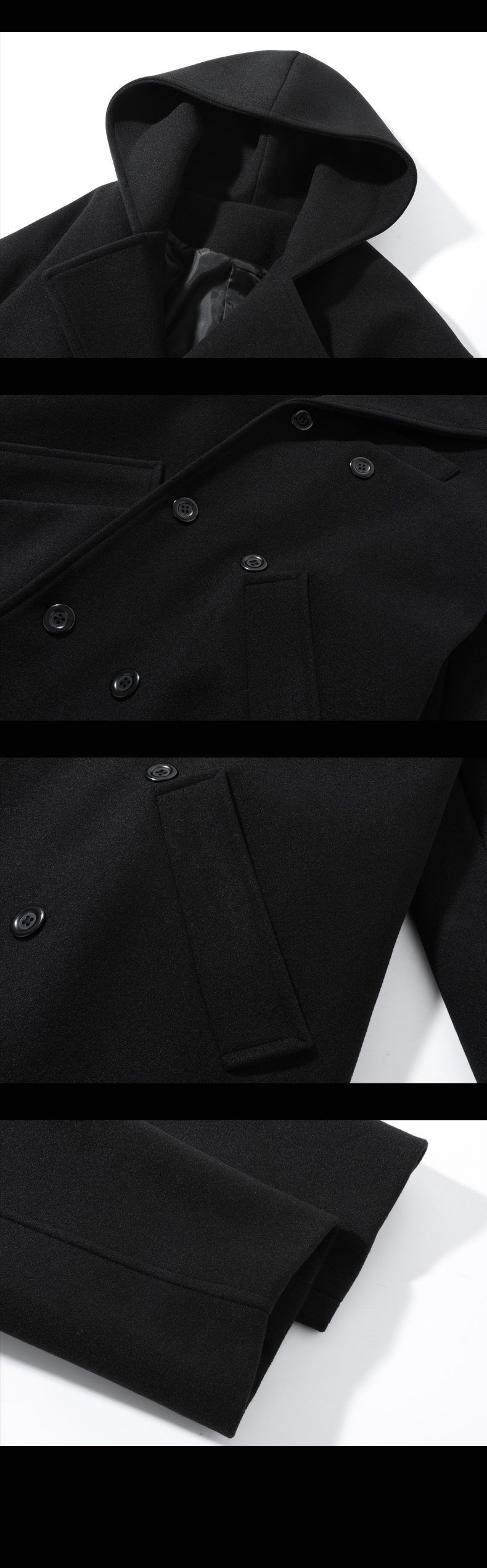 Zweireihiger Herrenmantel aus Wollmischung – Mittellanger Windbreaker mit Kapuze, wintertauglich und stylisch (Schwarz, Dunkelgrau)_voghion.com