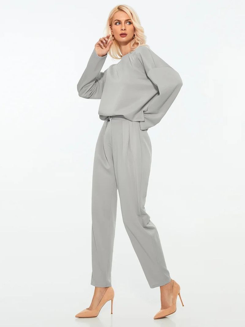 Women's Clothing 2024 autumn and winter new loose solid color long sleeved casual pants suit two piece set_voghion.com