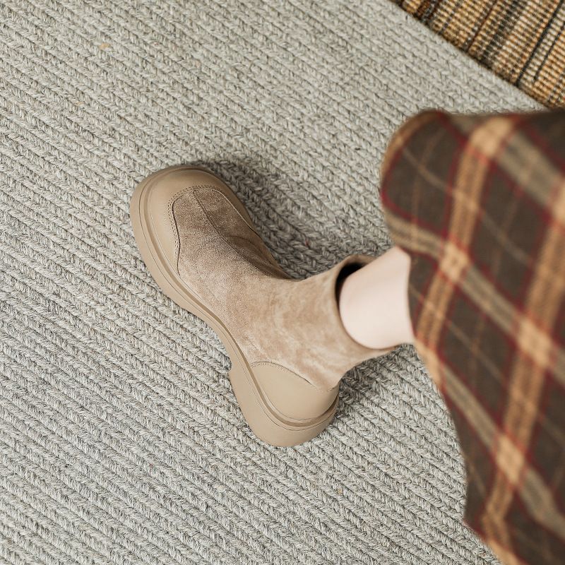 Botas femininas de camurça estilo coreano, bico redondo, meia curta, sola grossa, plataforma, elástica, slim, outono inverno, novas botas Martin_voghion.com