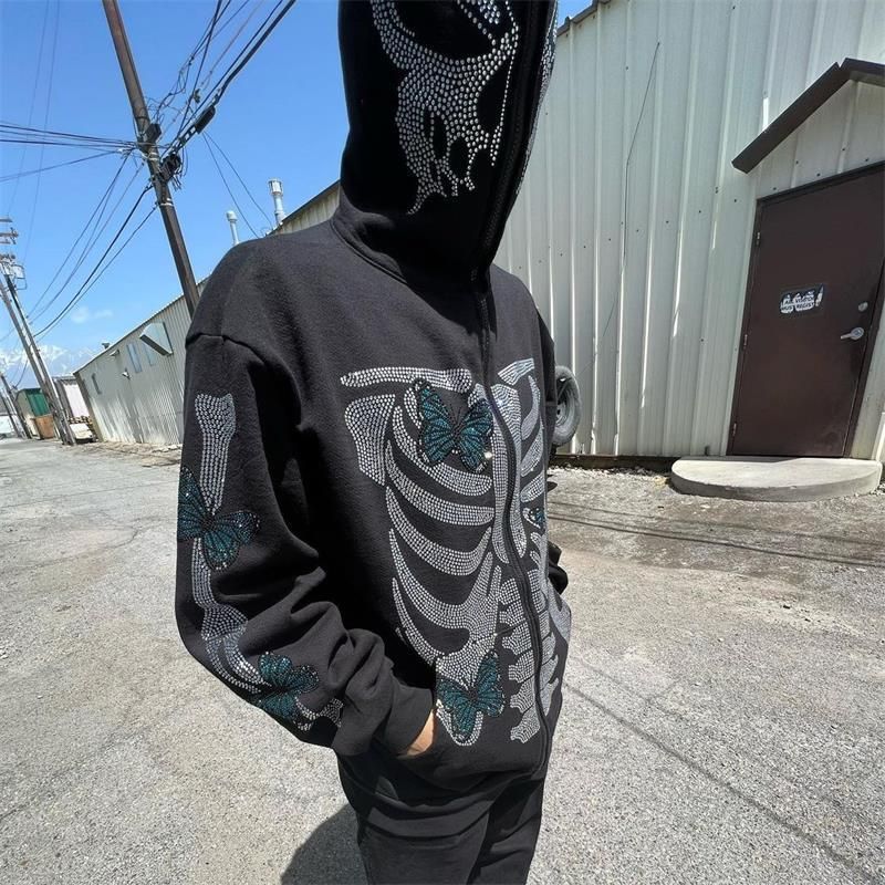 Women's Clothing Gothic Skull & Diamond Zip-Up Hoodie – Streetwear Unisex Sweatshirt With Edgy Print_voghion.com
