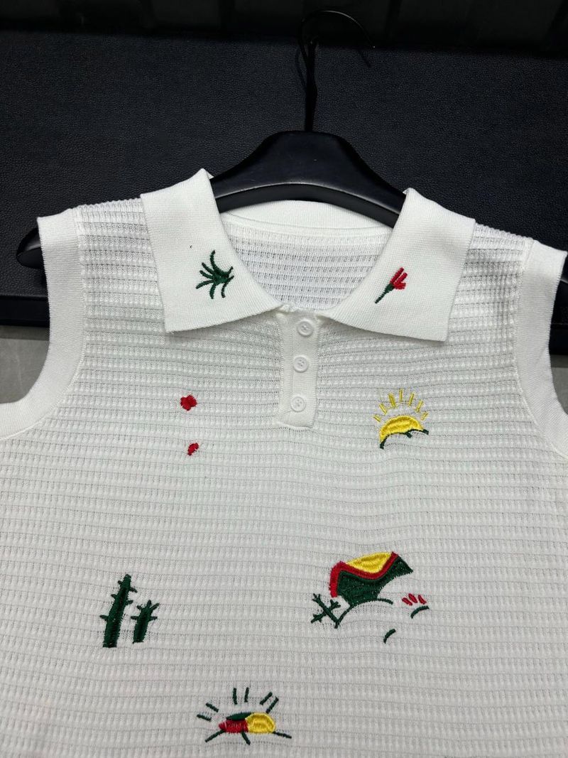 2025 Sommer Neue Blumen Bunte Stickerei Ärmelloses Drehen-unten Kragen Pullover Weste Lose Vielseitige frauen Gestrickte Top_voghion.com