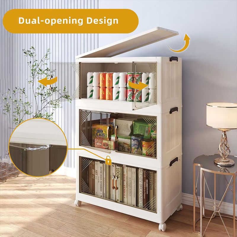292 QT 25.6 Inch Wide Clear Door Foldable Storage Box – 3-Tier Large Capacity Organizer, Easy Access, Space-Saving Foldable Design_voghion.com