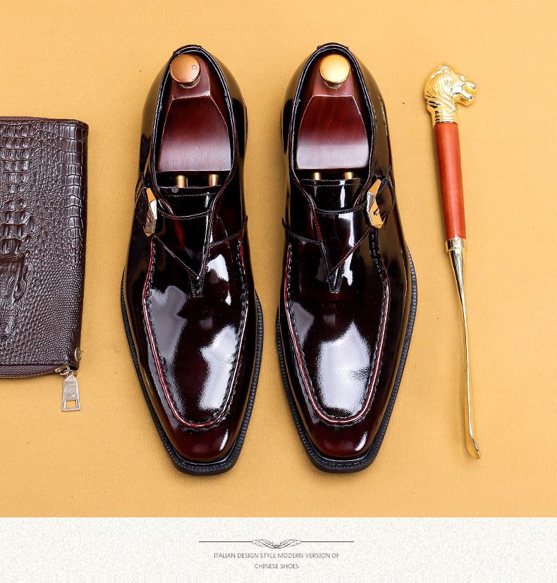 Men's shoes square head business English buckle Monk shoes men's leather patent leather glitter Casual shoes_voghion.com