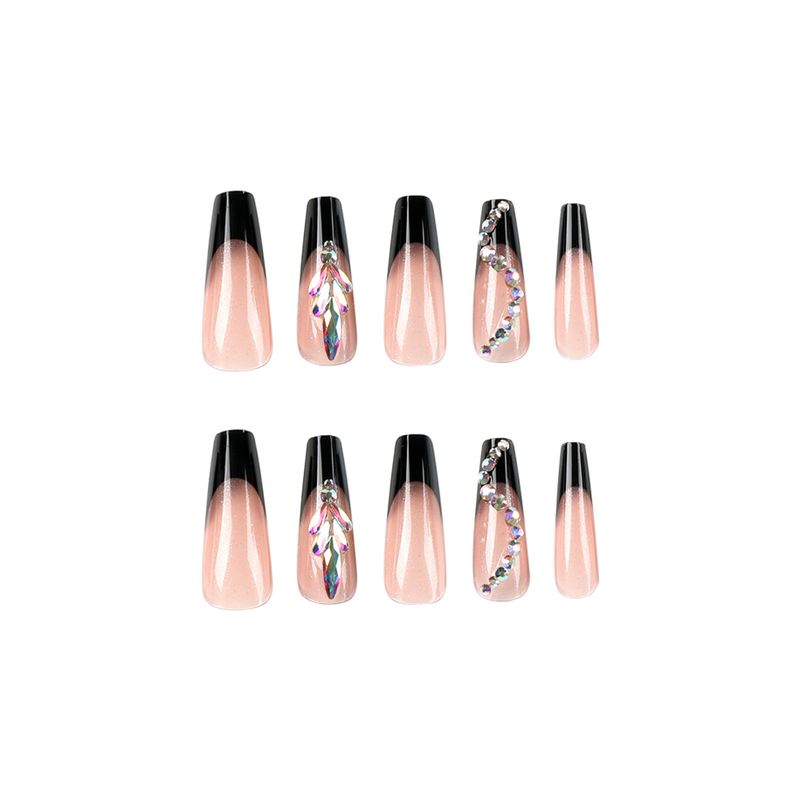 Indossare uno stile francese nero con rosa trasparente e strass indossando toppe per unghie finite_voghion.com