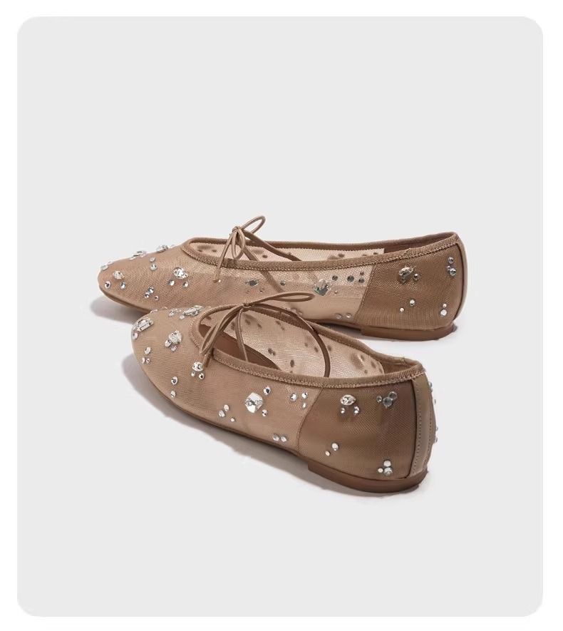 Scarpe da ballo piatte in rete 2025, sandali con strass rialzati, con fiocco e bocca bassa, nuovi per la primavera e l'estate_voghion.com