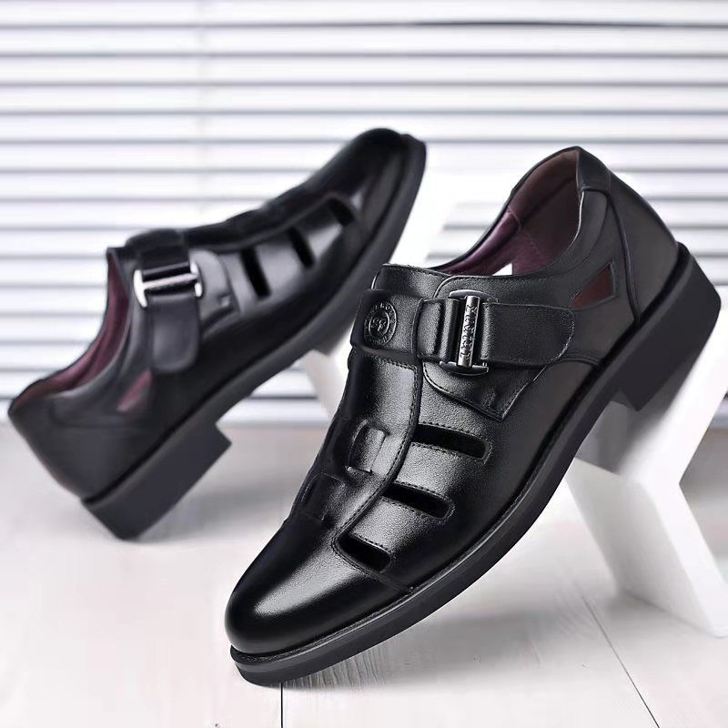 Sandalen Herren Sommer Atmungsaktiv Loch Leder Weiche Sohle Sandalen Business Casual Hohl Baotou Vater Schuhe_voghion.com