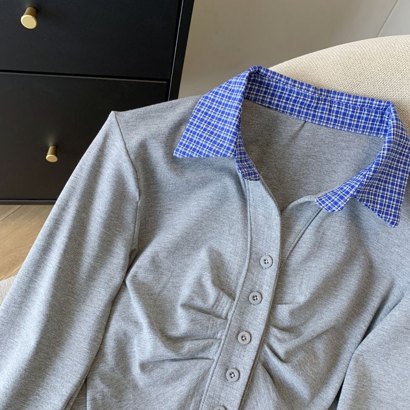 Maglietta a maniche lunghe con colletto polo da donna, nuova primavera, versatile, a quadri con pieghe e colori a contrasto_voghion.com