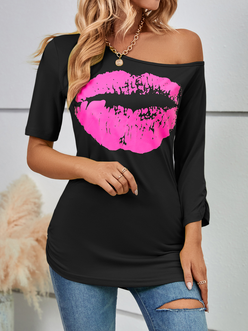 Damen Love bedrucktes Kurzarm-T-Shirt, schulterfreies, unregelmäßiges Ärmel, langes, modisches, schmales Oberteil_voghion.com