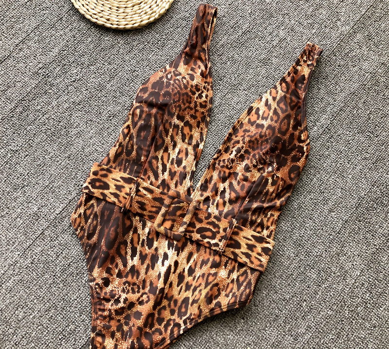 Traje de baño de una pieza para mujer, bikini de una pieza con hebilla y cinturón con estampado de leopardo_voghion.com