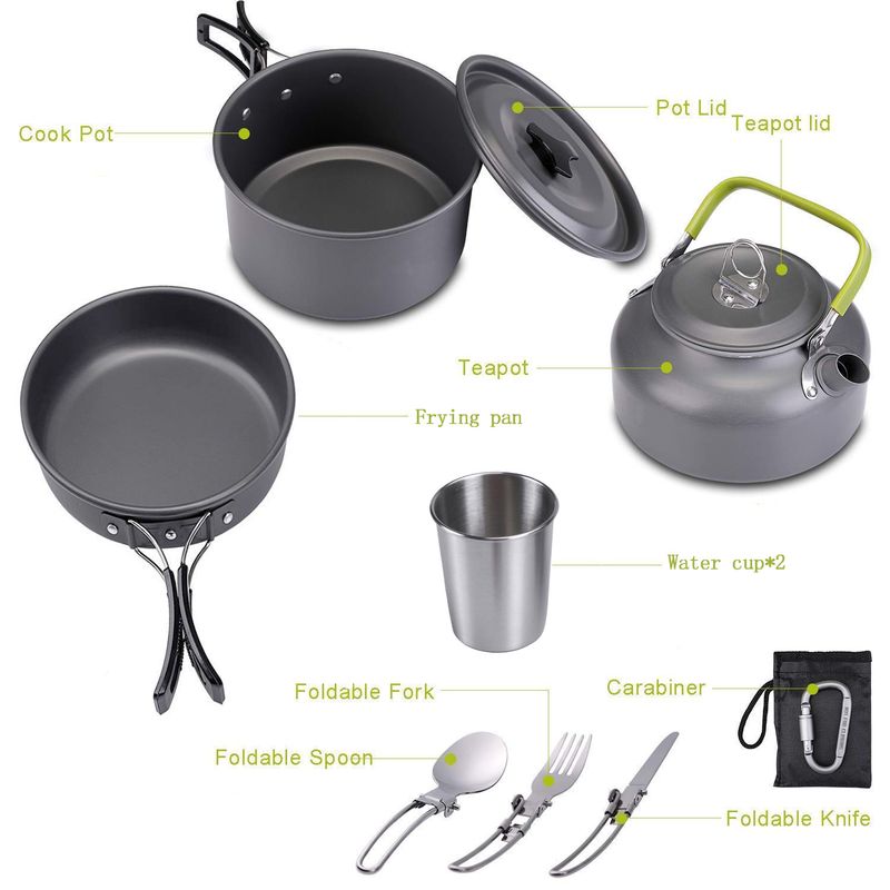 Outdoor-Produkter, Outdoor-Dëppen-Set fir 2-3 Persounen, Camping-Téikännchen-Geschir-Set, dräideelegt Kachgeschir-Set_voghion.com