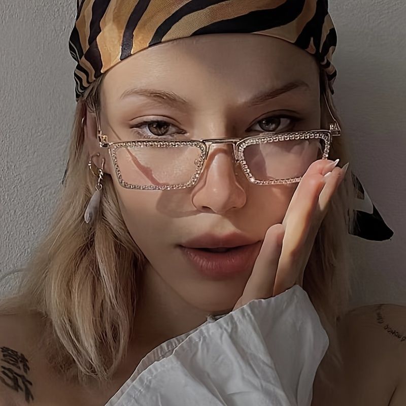1 pièce avec cadre rectangulaire en métal, lunettes Y2K décorées de strass de luxe à la mode vintage pour femmes_voghion.com