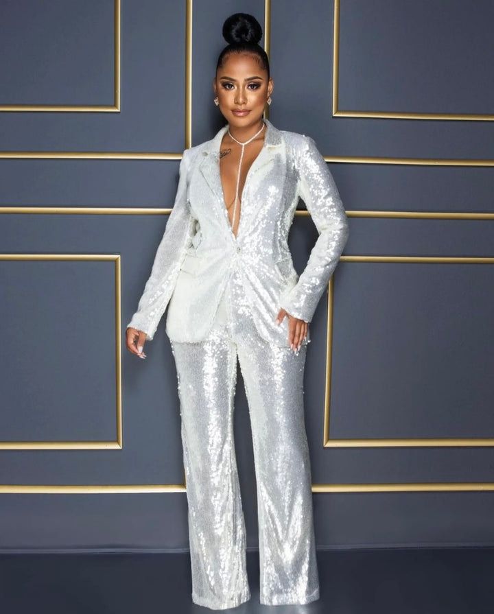 Damenbekleidung Langärmliger Jumpsuit mit V-Ausschnitt und Pailletten, zweiteiliger Anzug_voghion.com