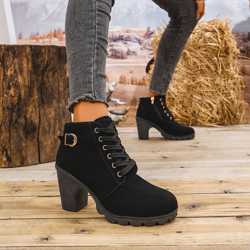 Autumn New Coarse High Heel Casual Women s Belt Buckle Decorative Short Round Head Martin Boots_voghion.com