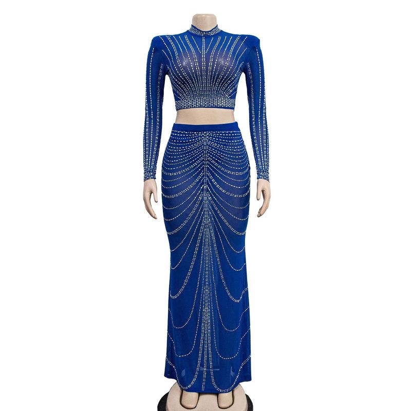 Completo abito a maniche lunghe in rete trasparente e strass – Elegante abito da sera in due pezzi con sovrapposizione decorata (nero/blu/rosso/carne/bianco, dalla S alla XXL)_voghion.com