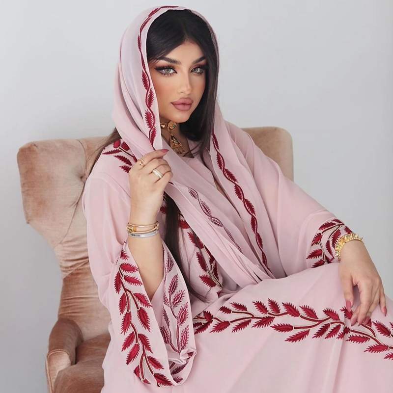 Damenmode Street Chiffon langes muslimisches besticktes rosafarbenes Rundhalskleid mit Hijab_voghion.com
