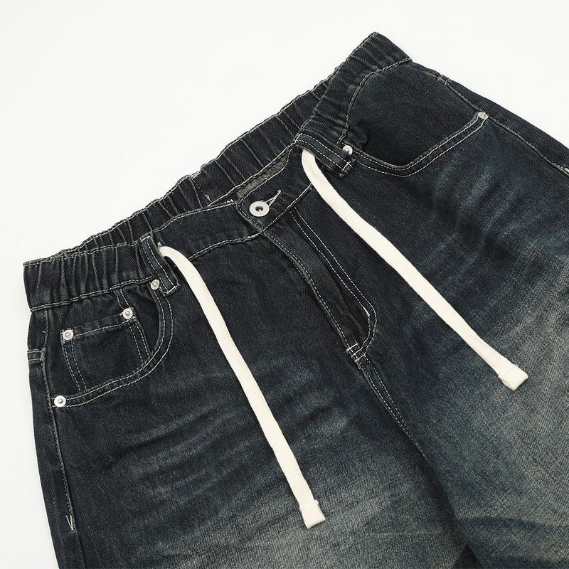 Drawstring Elastic Waist Jeans Washed White Straight Men's Street Style Loose Color Block Wide Leg Long Pants_voghion.com