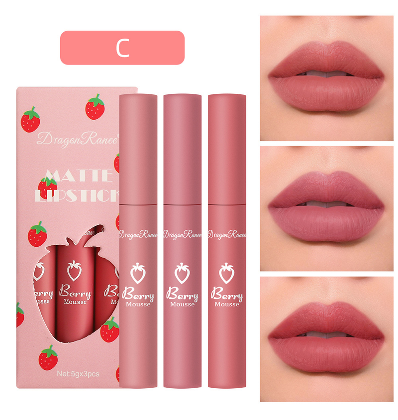 3-teiliges Set mit Erdbeermotiv – samtig-mattes Lipgloss- und Lippenstift-Set für Damen, nicht klebend, langanhaltend und eine bezaubernde Make-up-Kollektion_voghion.com