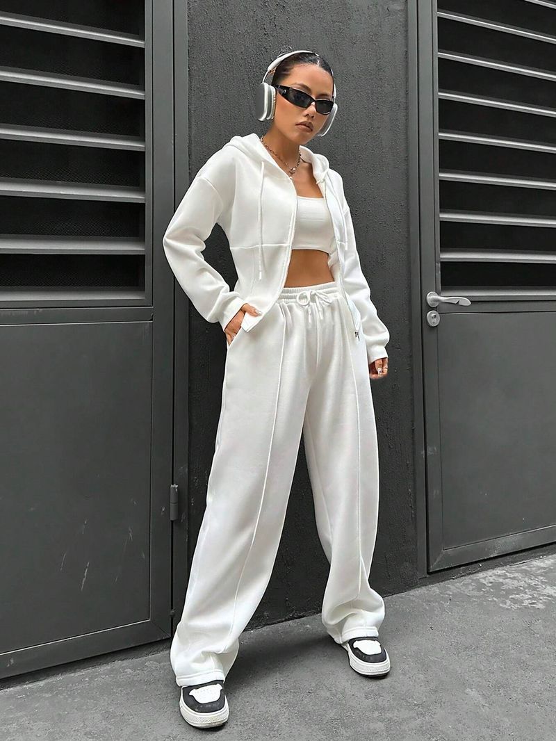 Set coordinati da donna casual due pezzi, ampio, con cappuccio, maniche lunghe, cerniera, vita elasticizzata, pantaloni larghi, tuta da jogging_voghion.com