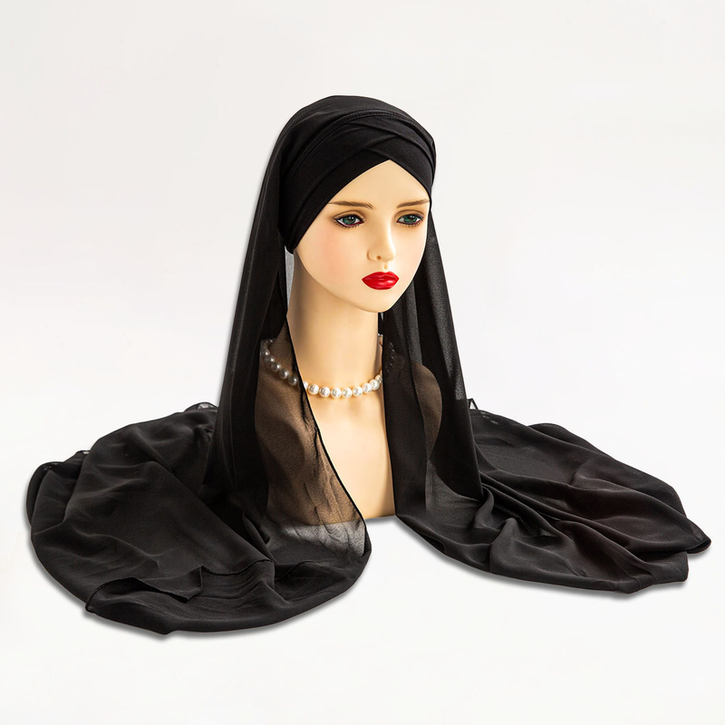 Musulmano sulla fronte croce piccolo cappello sciarpa lunga sciarpa set cappello sciarpa di garza cappello di chiffon perlato_voghion.com