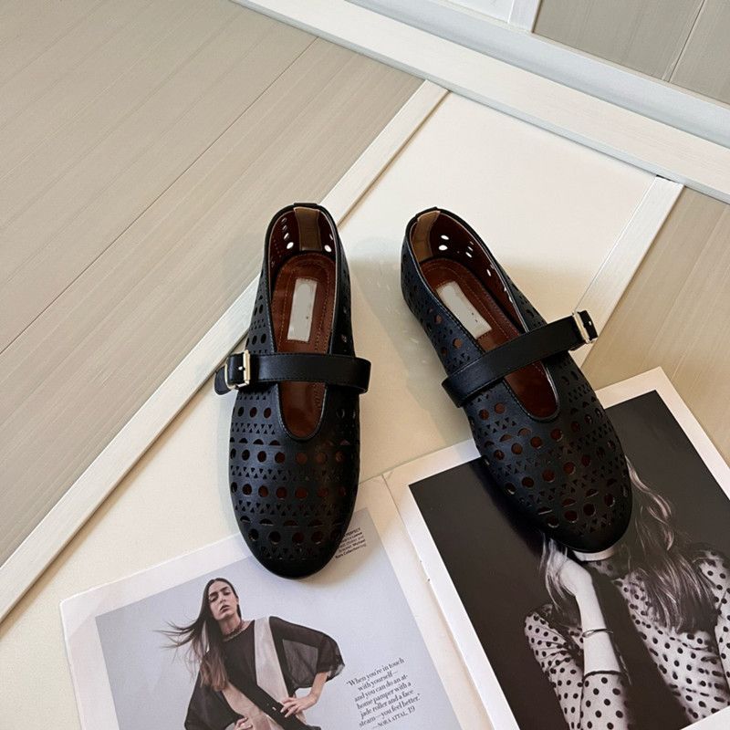 Sheepskin Edition~ Spring Summer Genuine Leather Shallow Mouth One-Strap Hollow Round Toe Flat Shoes For Women Alaia_voghion.com