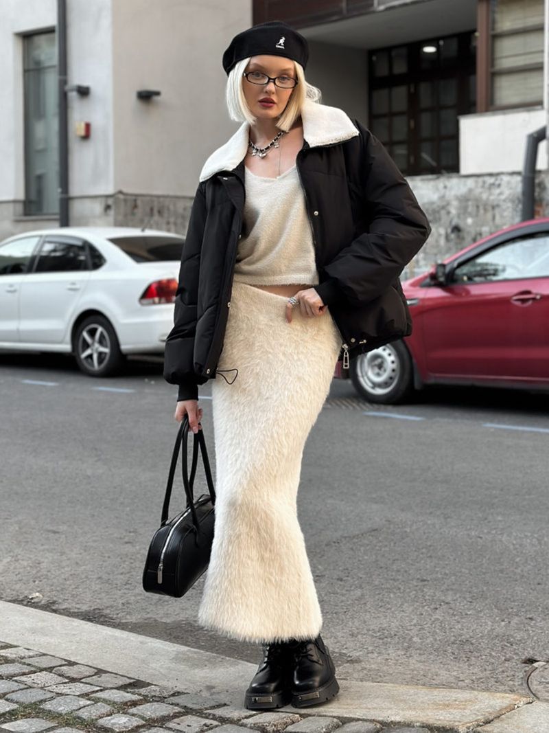 Gonna midi lunga e calda in maglia stampata con bottoni, autunno inverno 2025, per donna, antirughe, sinonimo di capo d'abbigliamento_voghion.com