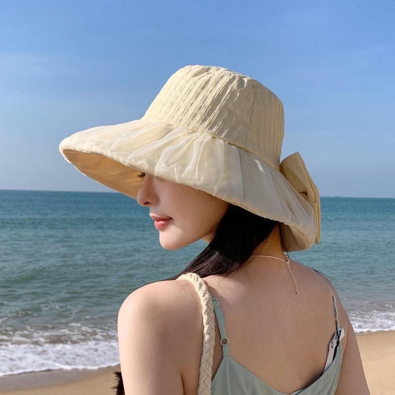 2025 Neuer Mesh-Eimerhut für Damen mit Schleife, Sonnenschutz, Sonnenhut mit großer Traufe, UV-Schutz_voghion.com