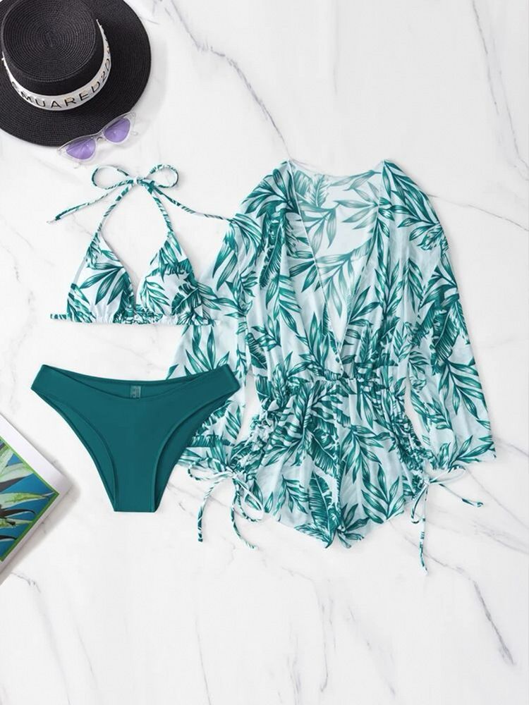 Costume da bagno intero da donna in rete con vita alta, stampa con coulisse, bikini in tre pezzi_voghion.com