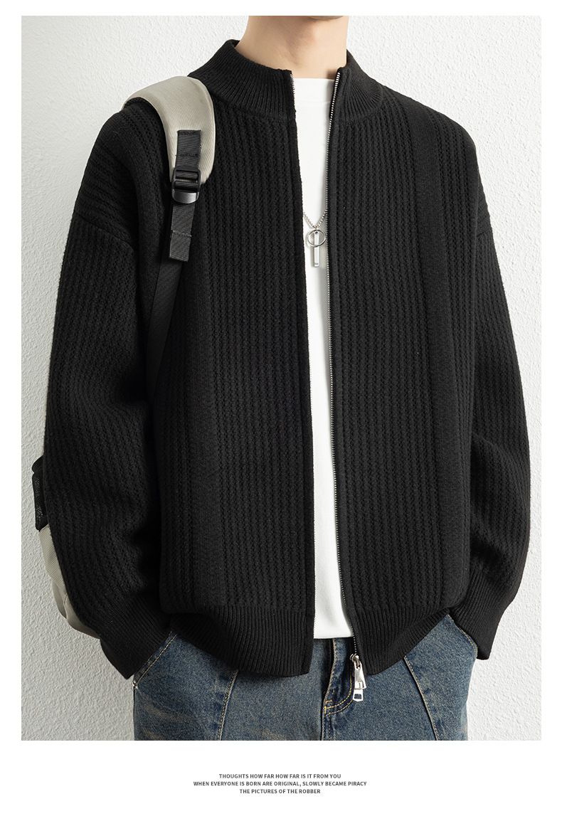 Herbst und Winter Herren Neue Stehkragen Doppelreißverschluss Strickjacke Modische Casual Solid Color Vielseitige Pulloverjacke_voghion.com