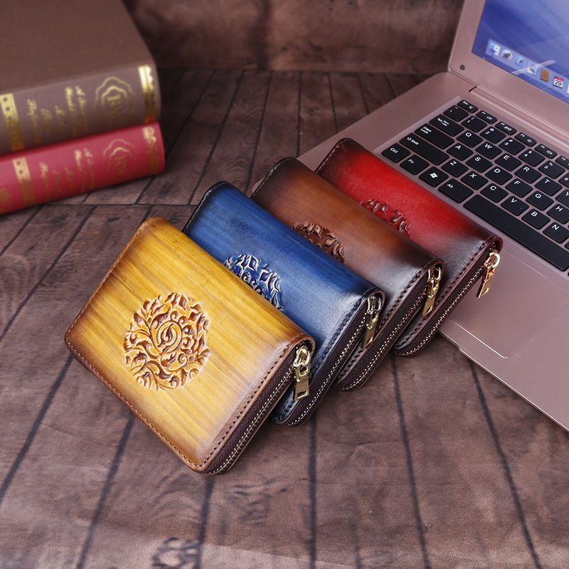 Erstlagiges Rindsleder, geprägt, handpoliert, geräumiges Reißverschluss-Akkordeon-Kartenetui, Retro-Ledergeldbörse_voghion.com