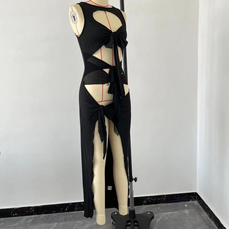 Moda femminile Pannelli in rete trasparente Ritagli Fessure per cravatte Abiti senza maniche irregolari_voghion.com