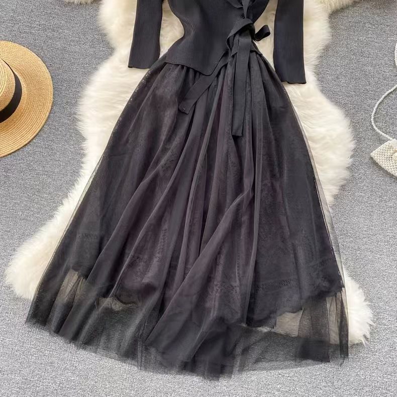 Abbigliamento da donna Temperamento Pendolarismo Maglia Manica lunga Abito Gonna Due pezzi Completo di alta qualità con lacci in vita Gonna lunga_voghion.com