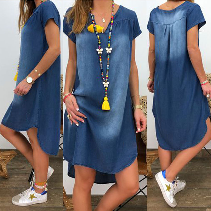 Lässiges, einfarbiges, kurzärmeliges Jeanskleid mit V-Ausschnitt für Damen_voghion.com