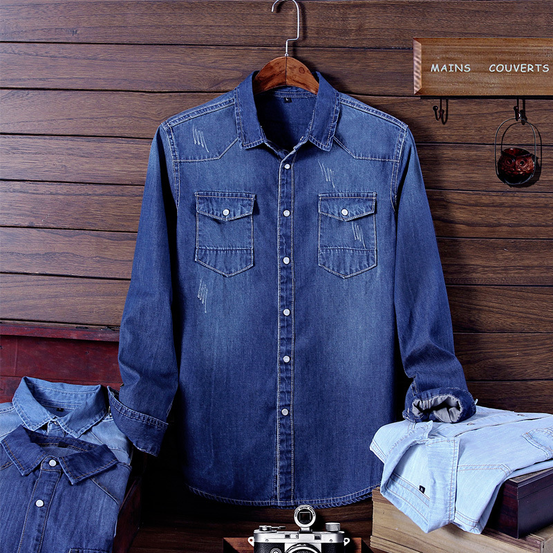 Yeni Kore slim fit kot gömlek, erkek uzun kollu genç Kore moda pamuklu gömlek, öğrenci ince ceket partisi_voghion.com