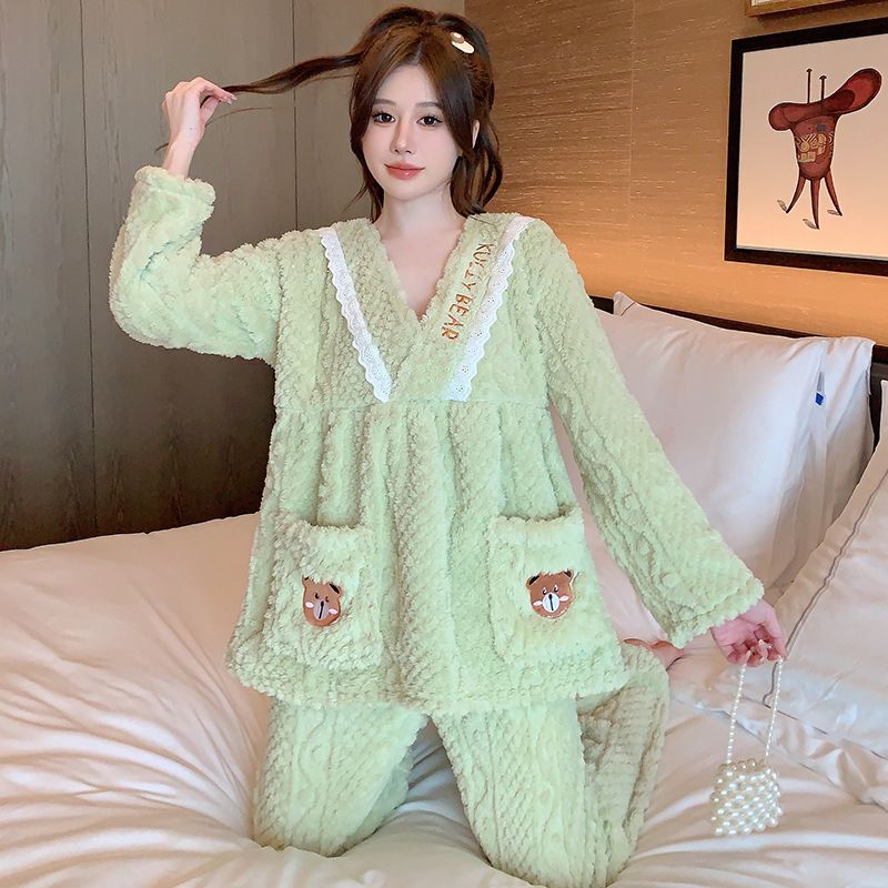 Langärmlige und lange Hosen mit flauschiger Nachtwäsche für Damen im Winter, süßer Prinzessinnen-Stil, Größe 230 Pfund plus Fett M Home_voghion.com