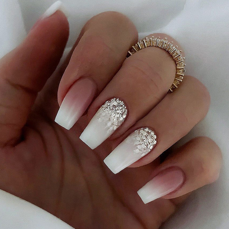 False Ballet 24Pcs Nails Gradient Glitter White Francoski Umetni Nohti Z Lepilom Nosljiva Krsta Pritisnite Na Nohte Ful_voghion.com