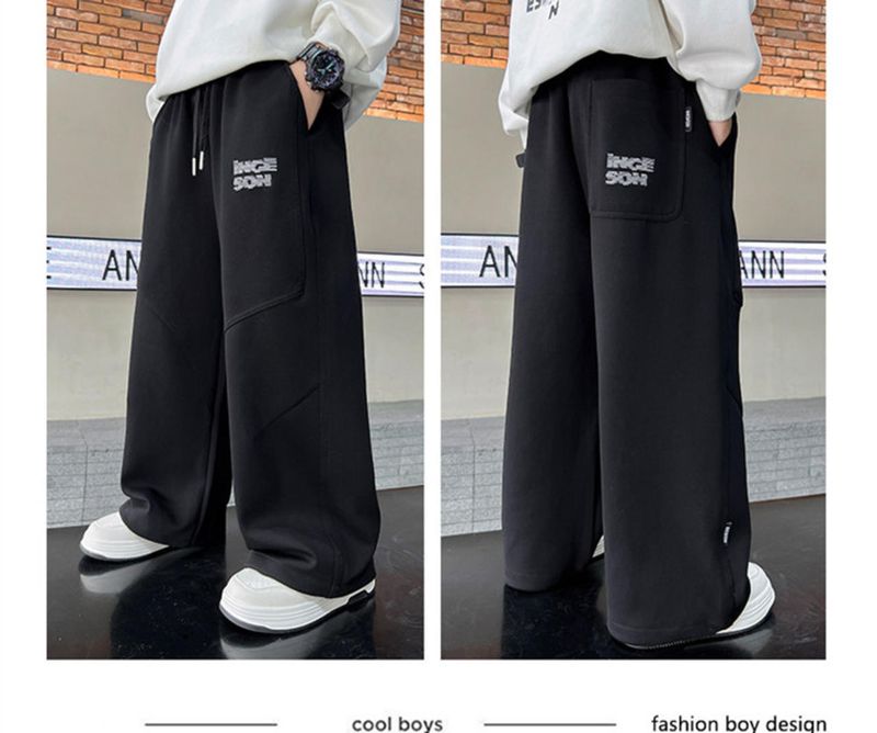 Boys' Casual Jogger Pants - Soft Cotton Knit Sweatpants For Kids, Elastic Waist Comfortable Trousers For School & Play (Black/Grey, 120-170cm)_voghion.com