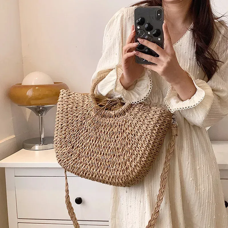 Strohgewebte Handtaschen für Frauen, handgefertigt, für Reisen, Strandtasche, Sommergriff, Eimer, Einkaufskorb, 250225l_voghion.com