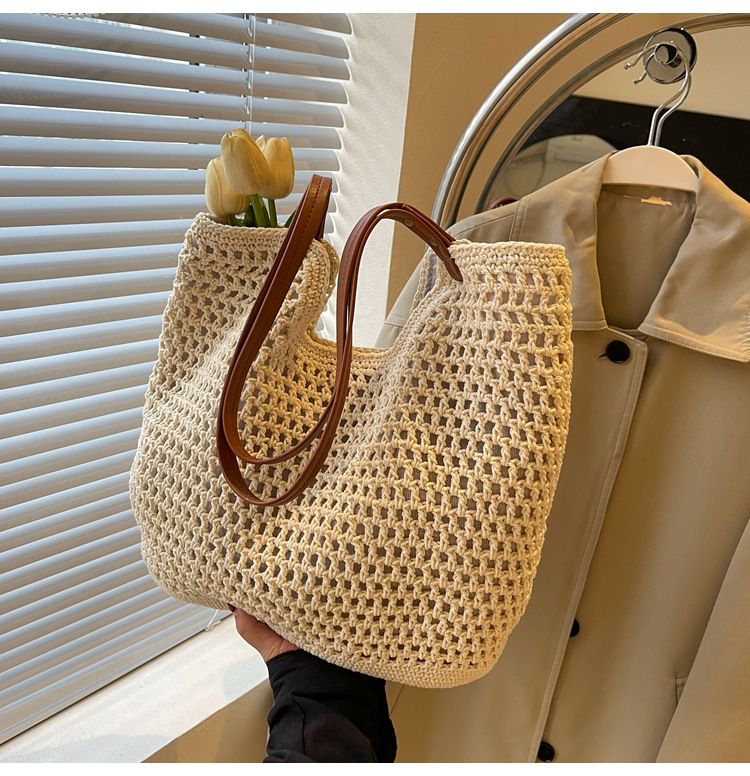 Borsa di paglia Borsa intrecciata Borsa intrecciata pigra Borsa intrecciata ad alta capacità Borsa a tracolla cava lavorata a maglia da donna Borsa da spiaggia per il tempo libero_voghion.com