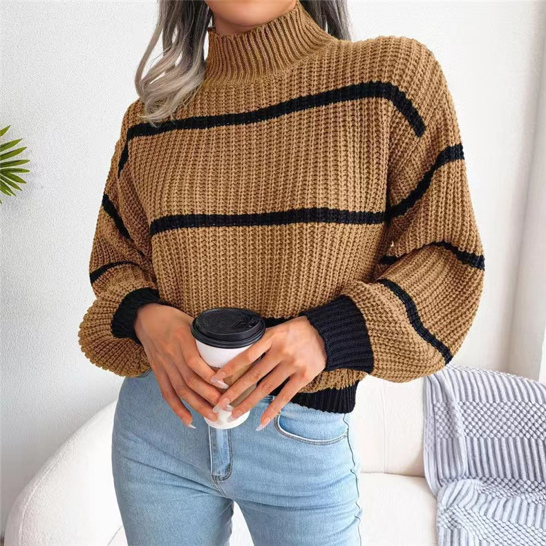 Suéter feminino casual listrado com manga lanterna e meia gola alta_voghion.com