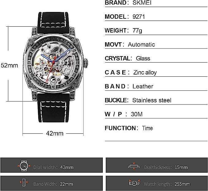 SKMEI Mode Mechanisch Heren Polshorloge, Zilveren Skeleton Dial Automatisch Uurwerk Lederen Horlogebanden Ontwerp met Klassiek Romeins Nummer Zakelijk Horloge_voghion.com