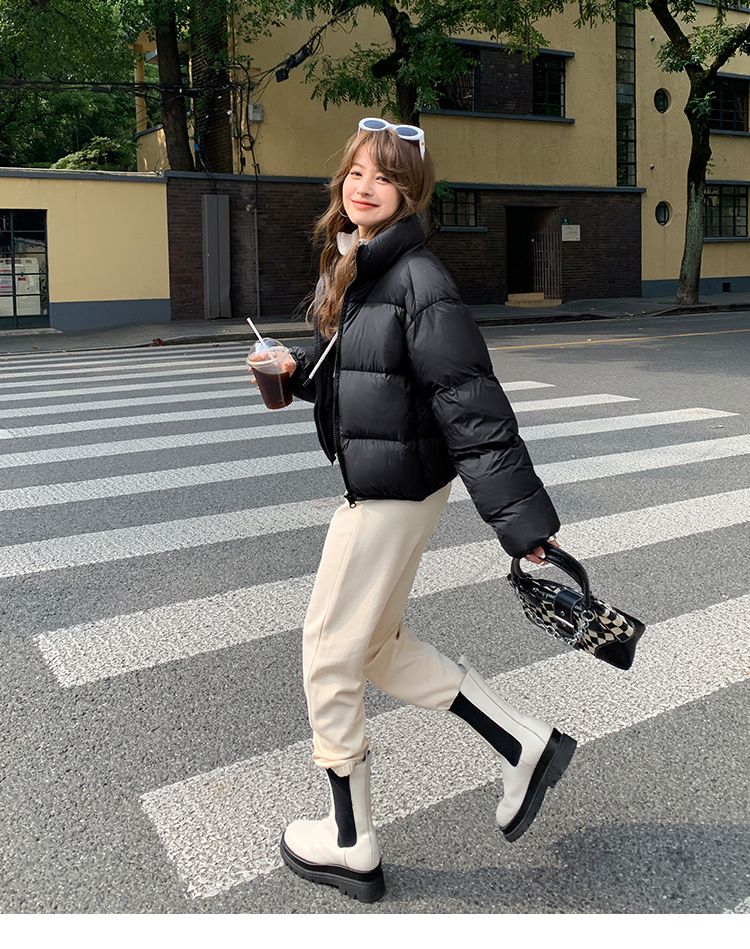 Chaqueta acolchada corta de invierno para mujer: abrigo acolchado, holgado y grueso con cuello alto, prenda informal y elegante para el frío._voghion.com