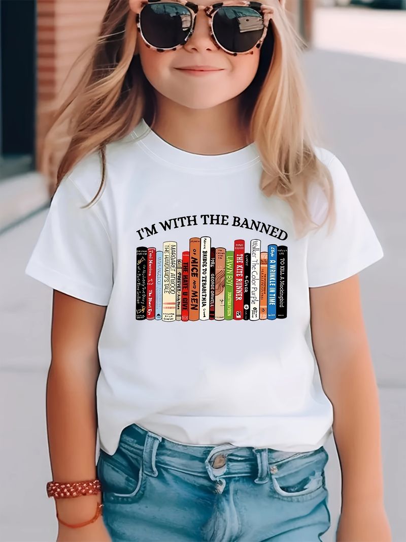 Ema ja laste tüdrukute raamatumustriga trükitud ümarkaelus lühikeste varrukatega laste vabaaja T-särk_voghion.com