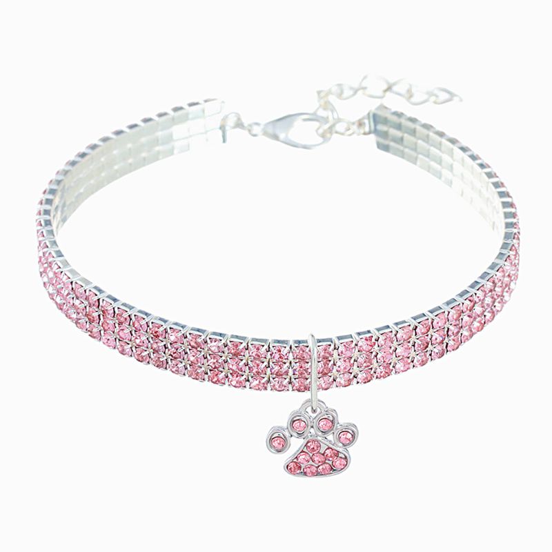 Colorful Alloy Footprint Pendant Pet Necklace Dog Chain Cat Collar Three Rows Of Elastic Rhinestone Pet_voghion.com