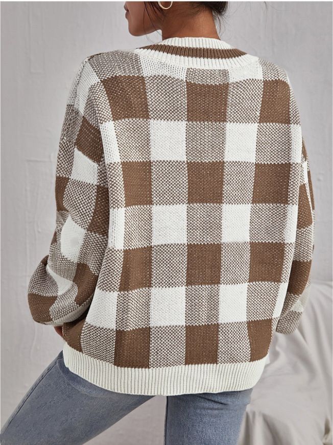 Maglione lavorato a maglia versatile a maniche lunghe con scollo a V, casual e scozzese, per donna, autunno inverno_voghion.com