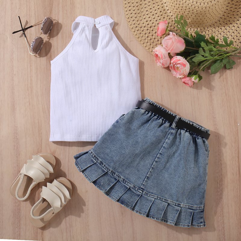Roupas de bebê vestido infantil meninas cor sólida colete sem mangas top jeans bolsa aberta saia plissada terno_voghion.com