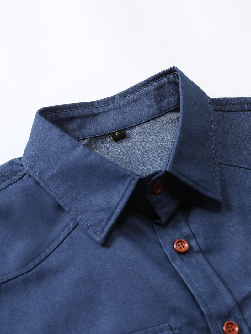 Herrenbekleidung Neue Herren Casual Denim Outdoor Workwear Langarmhemd Jugend Einfarbiges Hemd Herrenbekleidung_voghion.com